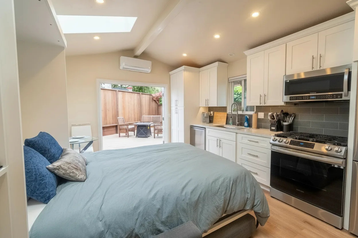 Open living room with large windows and natural light.