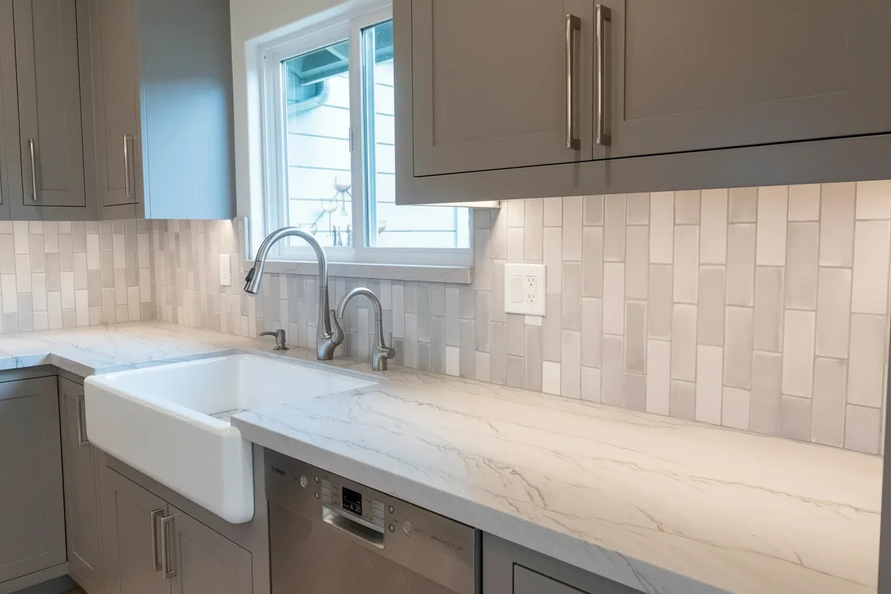 Kitchen sink with window and tiled backsplash.