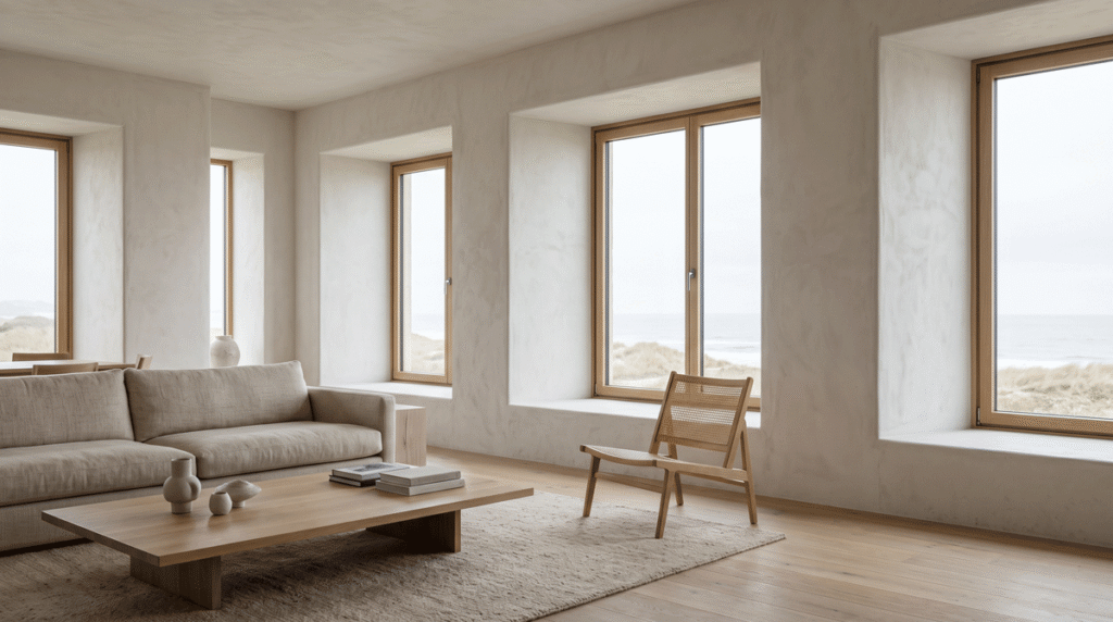 A serene luxury living room interior with notably thick walls and deep window reveals