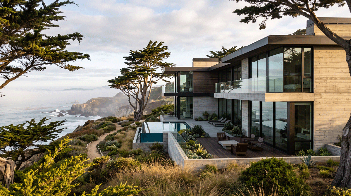 A modern luxury custom home on a Monterey Peninsula coastal bluff
