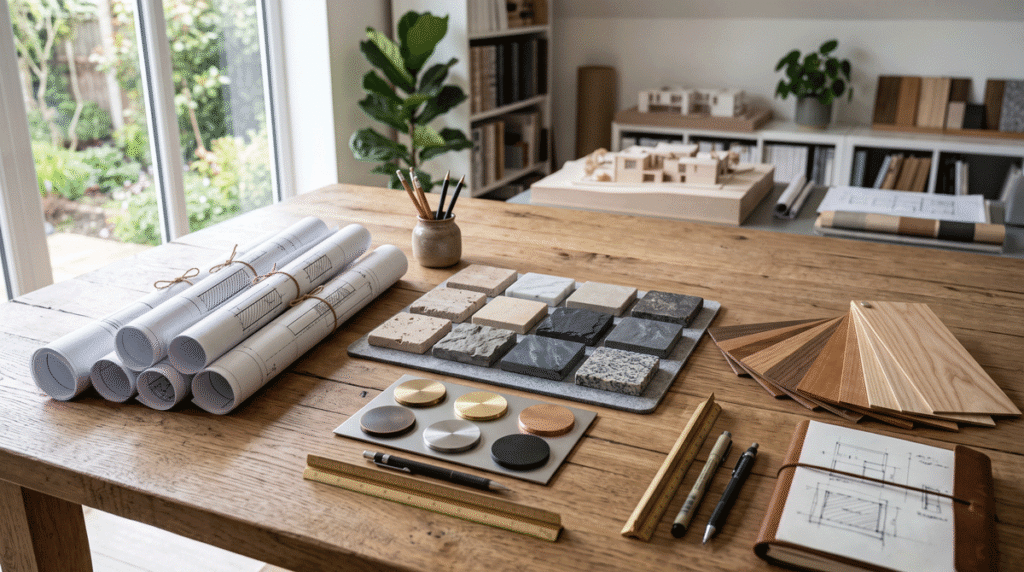 A design studio table with rolled architectural drawings