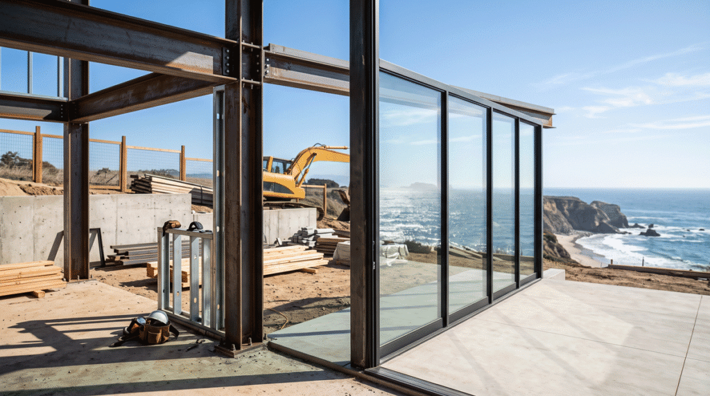 A luxury home mid-construction where an exposed structural framing