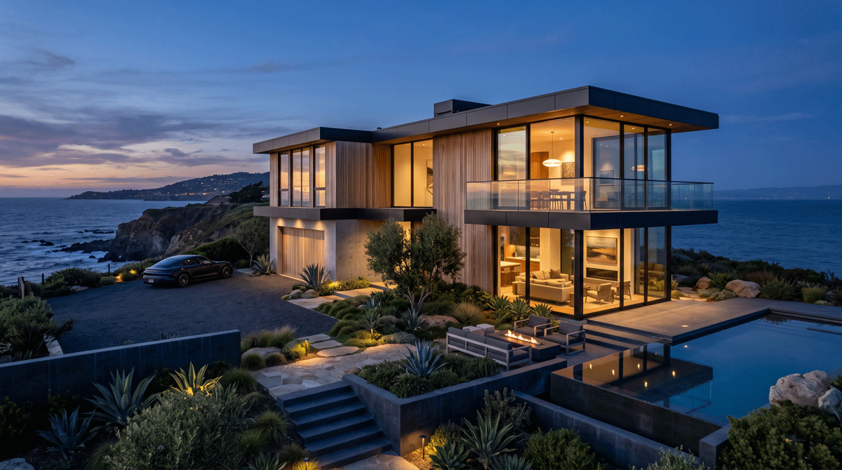 A sleek luxury custom home exterior at twilight with a warm interior glow