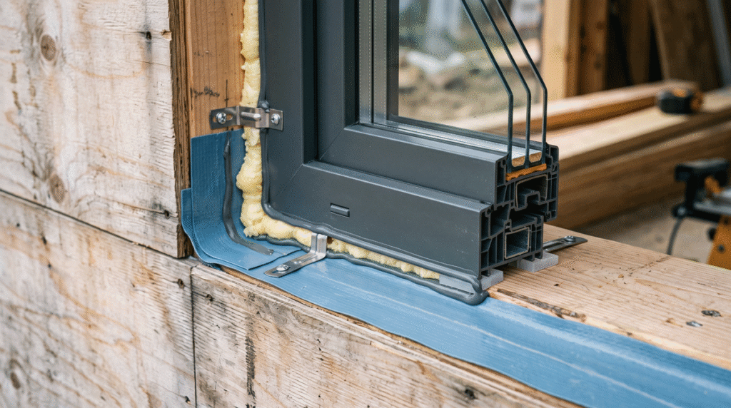 Macro detail of a high-performance triple-glazed window frame being installed