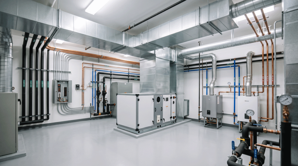 A clean, well-organized modern mechanical room with neatly routed HVAC ductwork and efficient equipment