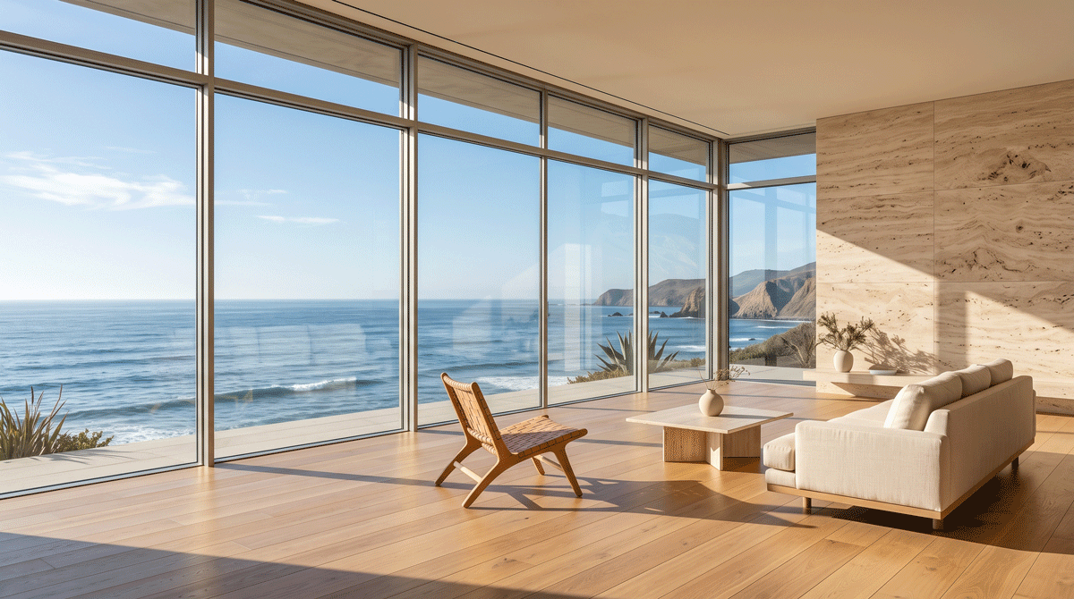 A minimalist luxury interior with expansive floor-to-ceiling high-performance windows overlooking the Pacific