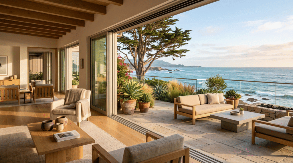 An indoor-outdoor transition where a living room opens through sliding glass onto an ocean-view terrace