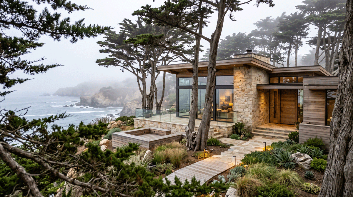 A custom luxury home nestled among Monterey cypress on a coastal lot