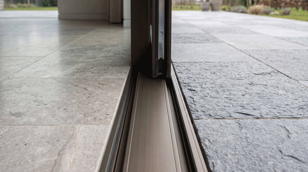 Close-up of a flush threshold where interior stone flooring meets an exterior terrace surface seamlessly with a minimal recessed door track