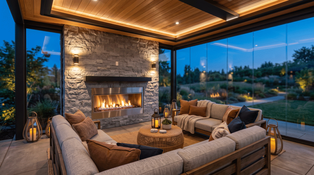 A well-designed covered outdoor room with a modern fireplace