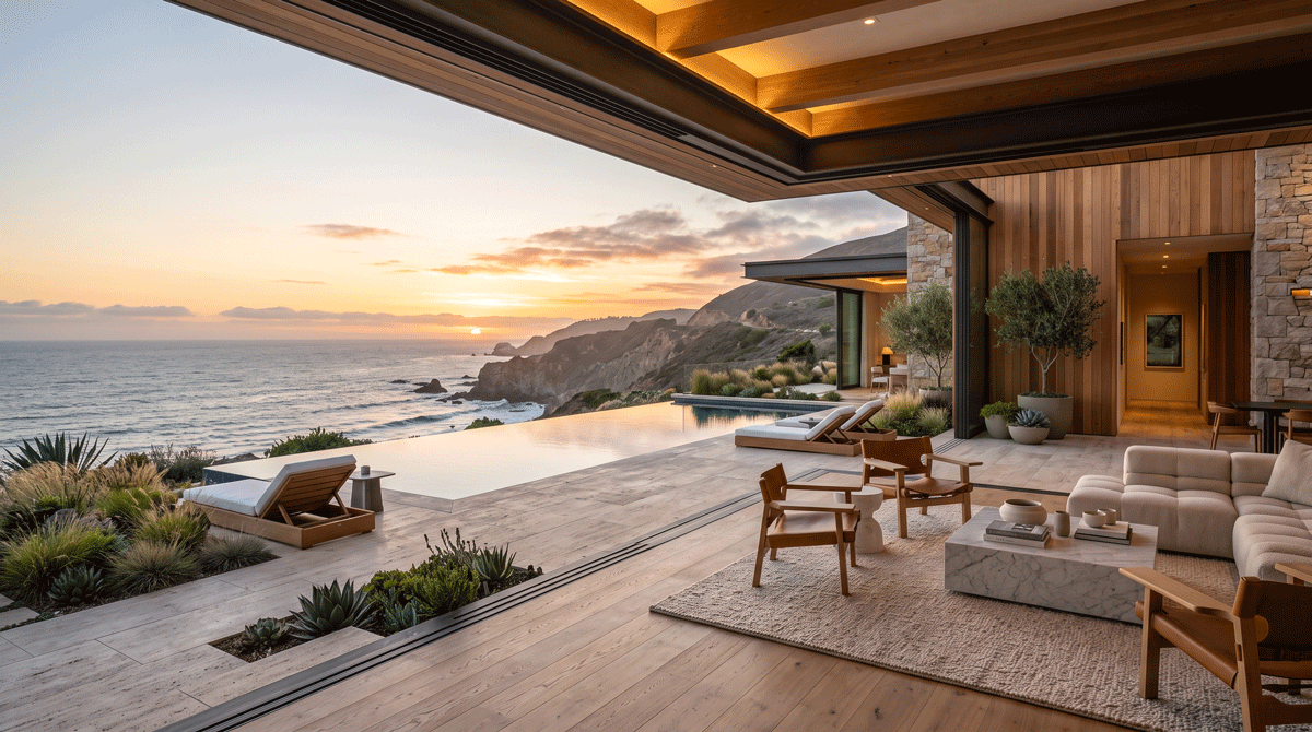 A luxury home with fully retracted glass walls opening the living space onto a terrace with an infinity pool and ocean view